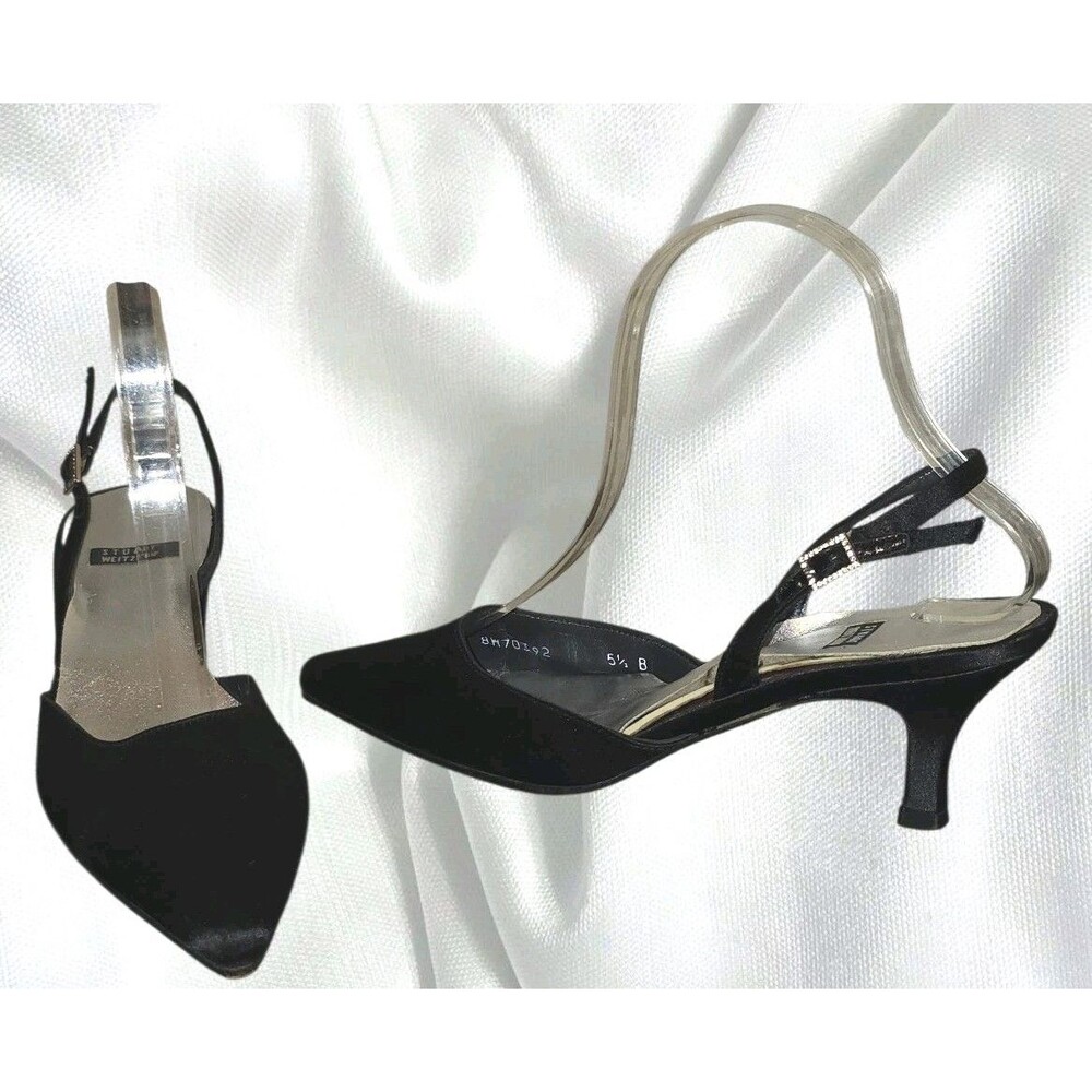 Vtg Stuart Weitzman Black Satin Slingback Bling Buckle Pointed Toe Heel Sz 5.5 B